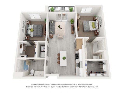 Floor plan for 2 beds, 2 baths, 1035 sqft